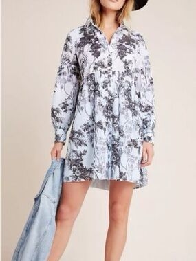 Anthropologie Lavinia Embroidered Shirt dress Blue Motif Size 6 NWT Flaw